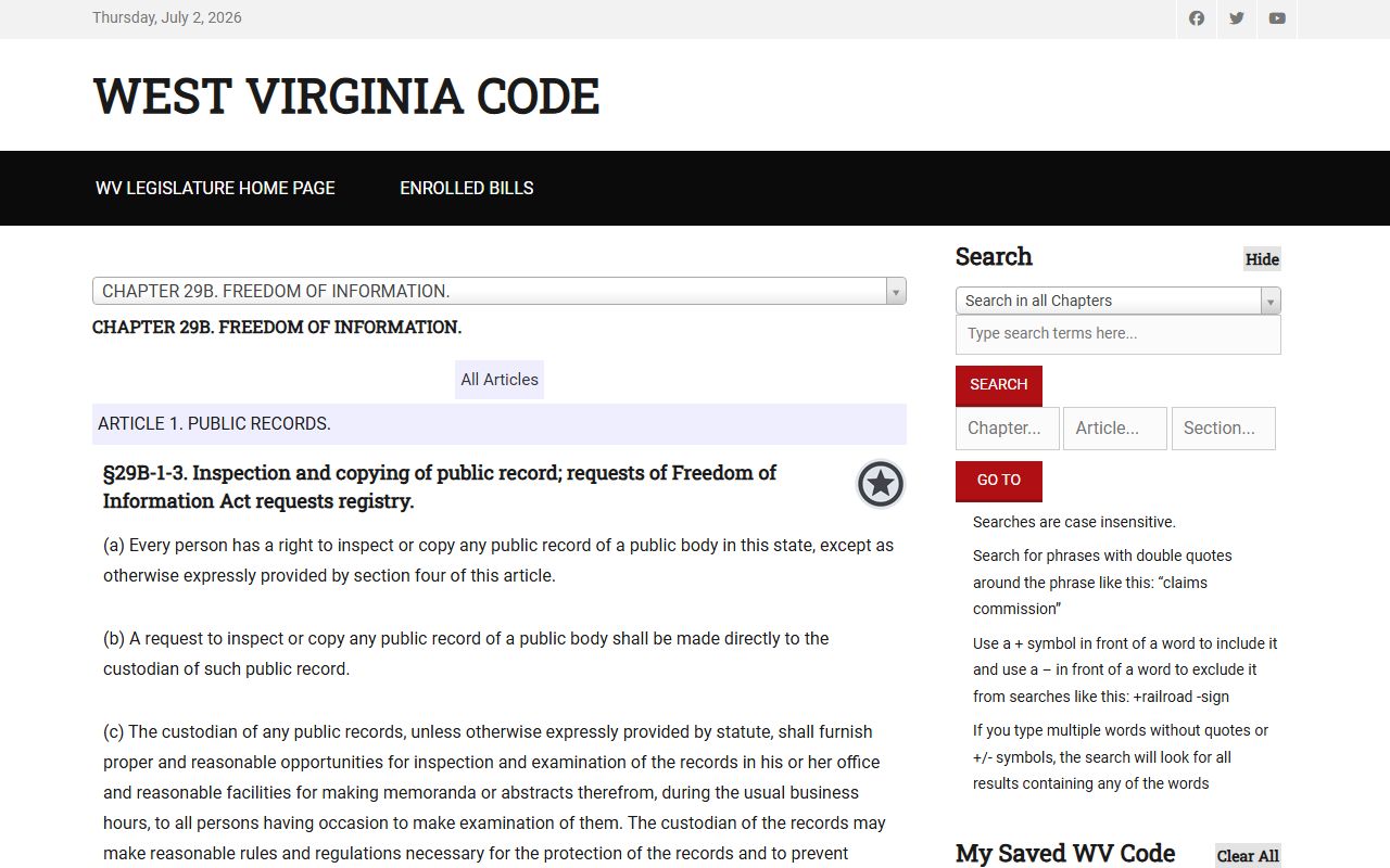 West Virginia FOIA statute for Lewis County booking photo requests